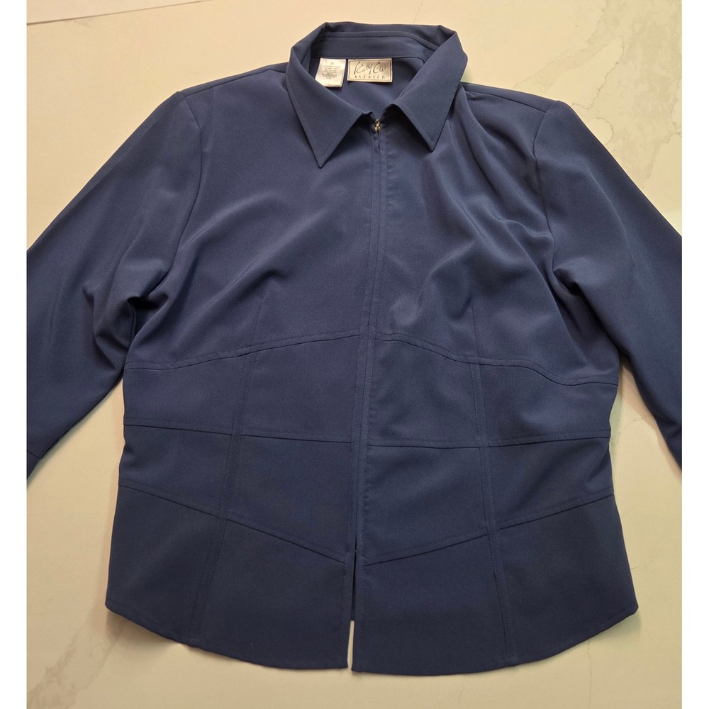 Vintage Kathy Che Zip Front blouse Navy Blue 3/4 Sleeve UPF Top - Picture 3 of 7